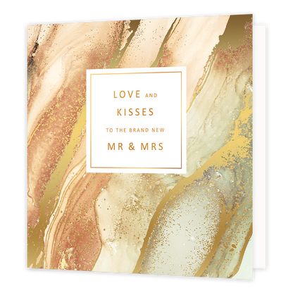XL - Love and kisses to the brand new MR & MRS - Formaat: Groot - Vorm: Vierkant - Huwelijkskaart - Op deze artistieke wenskaart is een ontwerp te zien met diverse kleuren goud waaronder roségoud. In het midden zit een wit blok met de gouden tekst: "Love and kisses to the brand new MR & MRS". - Snelwenskaart