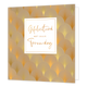 XL - Gefeliciteerd met jullie trouwdag - Formaat: Groot - Vorm: Vierkant - Huwelijkskaart - Op deze wenskaart zijn gouden waaierachtige vormen te zien op een art-deco stijl achtergrond met gouden en bruine kleuren. In het midden zit een wit blok met de gouden tekst: "Gefeliciteerd met jullie trouwdag". - Snelwenskaart