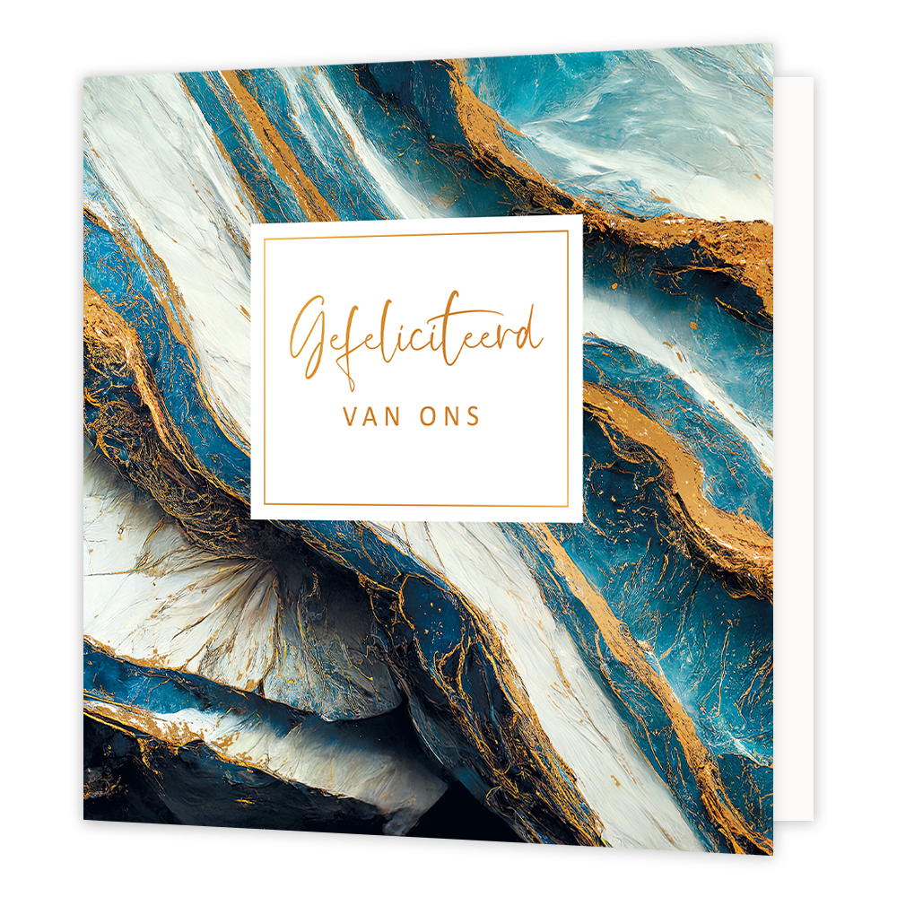 XL - Gefeliciteerd van ons - Formaat: Groot - Vorm: Vierkant - Felicitatiekaart - Op deze artistieke wenskaart is een ontwerp te zien in de kleuren goud, wit en diverse kleuren blauw. In het midden zit een wit blok met de gouden tekst: "Gefeliciteerd van ons". - Snelwenskaart