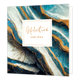 XL - Gefeliciteerd van ons - Formaat: Groot - Vorm: Vierkant - Felicitatiekaart - Op deze artistieke wenskaart is een ontwerp te zien in de kleuren goud, wit en diverse kleuren blauw. In het midden zit een wit blok met de gouden tekst: "Gefeliciteerd van ons". - Snelwenskaart