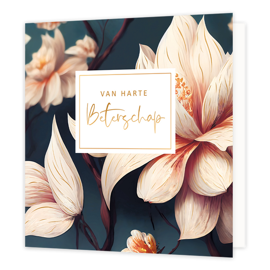 XL - Van harte beterschap - Formaat: Groot - Vorm: Vierkant - Beterschapskaart - Op deze wenskaart zijn lichtroze bloemen te zien op een donkergroen/blauwe achtergrond. In het midden zit een wit blok met de gouden tekst: "Van harte beterschap". - Snelwenskaart