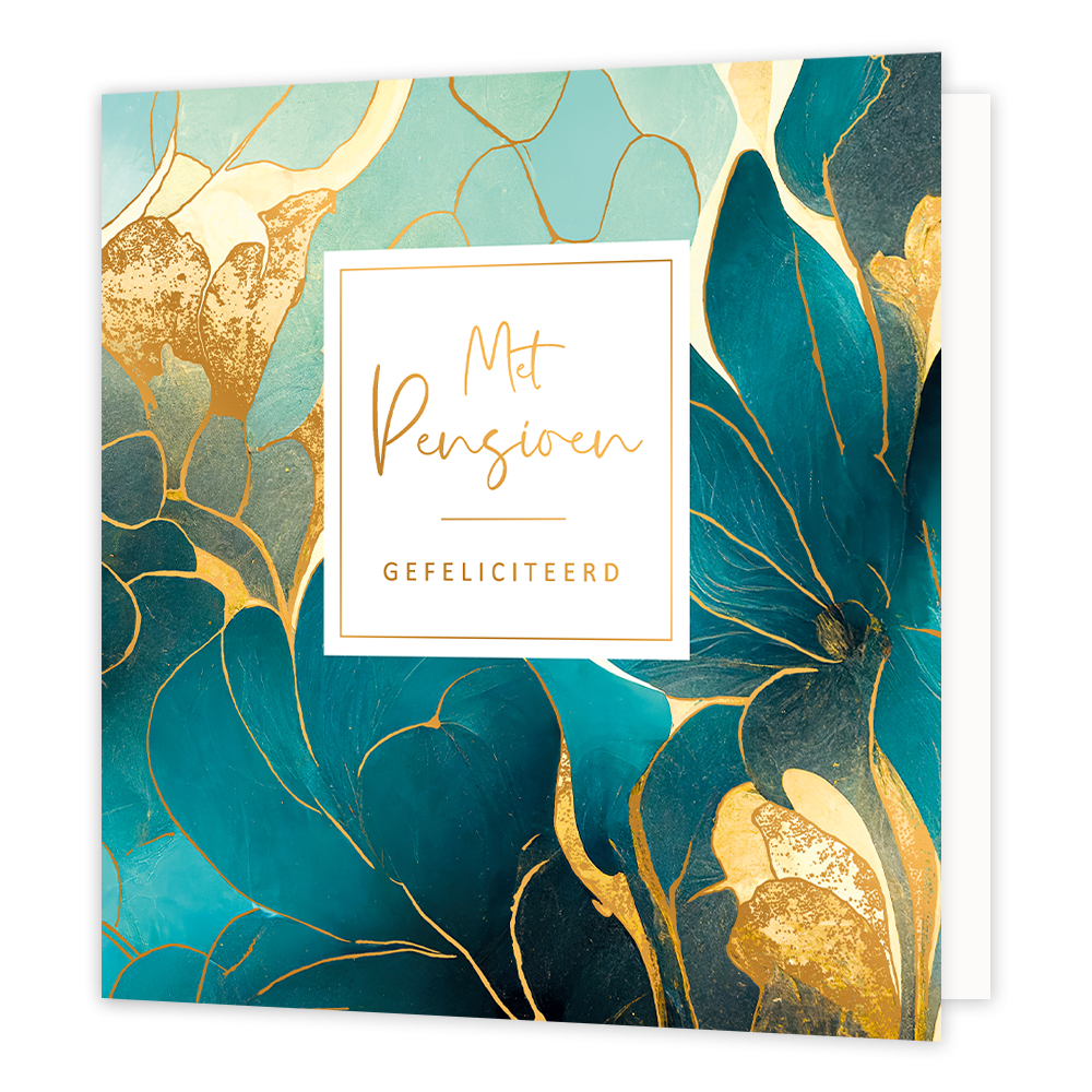 XL - Met pensioen gefeliciteerd - Formaat: Groot - Vorm: Vierkant - Pensioenkaart - Op deze wenskaart zijn bloemen op een artistieke manier weergegeven met diverse kleuren blauw, geel en goud. In het midden zit een wit blok met gouden tekst: "Met pensioen gefeliciteerd". - Snelwenskaart