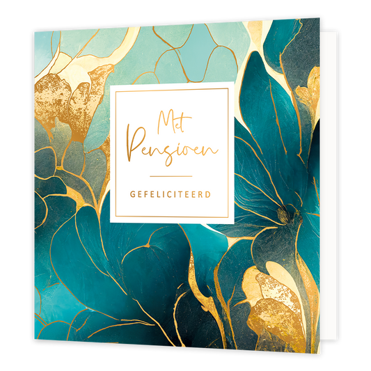 XL - Met pensioen gefeliciteerd - Formaat: Groot - Vorm: Vierkant - Pensioenkaart - Op deze wenskaart zijn bloemen op een artistieke manier weergegeven met diverse kleuren blauw, geel en goud. In het midden zit een wit blok met gouden tekst: "Met pensioen gefeliciteerd". - Snelwenskaart