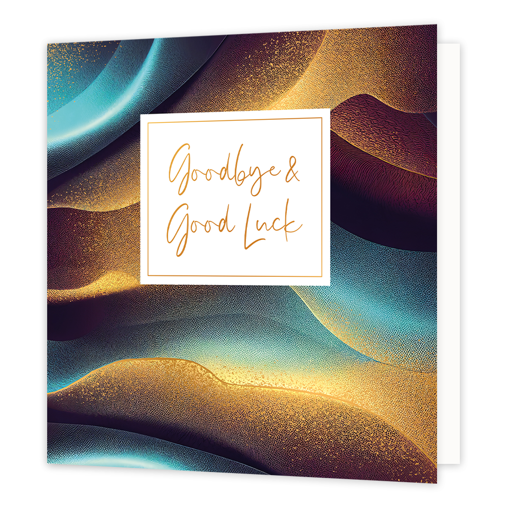 XL - Goodbye & Good Luck - Formaat: Groot - Vorm: Vierkant - Afscheidskaart - Op deze artistieke wenskaart is een ontwerp te zien met de kleuren goud en blauw. In het midden zit een wit blok met de gouden tekst: "Goodbye & Good Luck". - Snelwenskaart