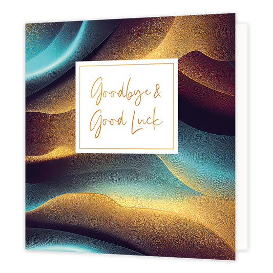 XL - Goodbye & Good Luck - Formaat: Groot - Vorm: Vierkant - Afscheidskaart - Op deze artistieke wenskaart is een ontwerp te zien met de kleuren goud en blauw. In het midden zit een wit blok met de gouden tekst: "Goodbye & Good Luck". - Snelwenskaart