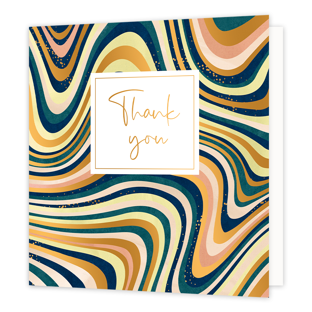 XL - Thank you - Formaat: Groot - Vorm: Vierkant - Bedankkaart - Op deze wenskaart zijn kronkelende lijnen te zien in de kleuren goud, geel, beige, licht roze, groen en donkerblauw. In het midden zit een wit blok met de gouden tekst: "Thank you". - Snelwenskaart
