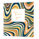 XL - Thank you - Formaat: Groot - Vorm: Vierkant - Bedankkaart - Op deze wenskaart zijn kronkelende lijnen te zien in de kleuren goud, geel, beige, licht roze, groen en donkerblauw. In het midden zit een wit blok met de gouden tekst: "Thank you". - Snelwenskaart