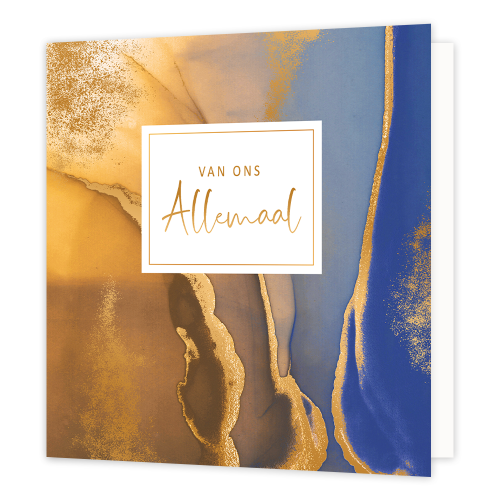 XL - Van ons allemaal - Formaat: Groot - Vorm: Vierkant - Bedankkaart - Op deze artistieke wenskaart is een ontwerp te zien met de kleuren goud en blauw. In het midden zit een wit blok met de gouden tekst: "Van ons allemaal". - Snelwenskaart