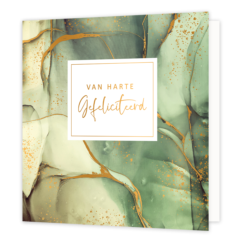 XL - Van harte gefeliciteerd - Formaat: Groot - Vorm: Vierkant - Verjaardagskaart - Op deze artistieke wenskaart is een ontwerp te zien met groene kleuren met gouden details. In het midden zit een wit blok met de tekst: "Van harte gefeliciteerd". - Snelwenskaart