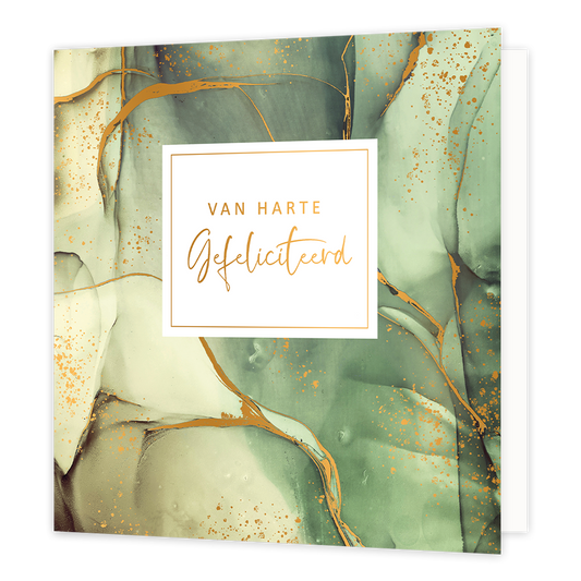 XL - Van harte gefeliciteerd - Formaat: Groot - Vorm: Vierkant - Verjaardagskaart - Op deze artistieke wenskaart is een ontwerp te zien met groene kleuren met gouden details. In het midden zit een wit blok met de tekst: "Van harte gefeliciteerd". - Snelwenskaart