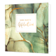 XL - Van harte gefeliciteerd - Formaat: Groot - Vorm: Vierkant - Verjaardagskaart - Op deze artistieke wenskaart is een ontwerp te zien met groene kleuren met gouden details. In het midden zit een wit blok met de tekst: "Van harte gefeliciteerd". - Snelwenskaart