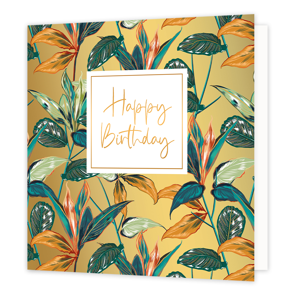 XL - Happy Birthday - Formaat: Groot - Vorm: Vierkant - Verjaardagskaart - Op deze wenskaart staan bloemen in de kleuren groen, blauw, oranje en goud, op een gouden achtergrond. In het midden zit een wit blok met de gouden tekst: "Happy Birthday". - Snelwenskaart