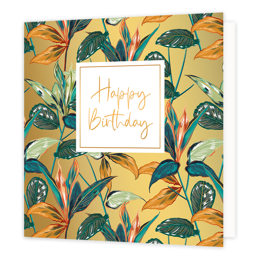 XL - Happy Birthday - Formaat: Groot - Vorm: Vierkant - Verjaardagskaart - Op deze wenskaart staan bloemen in de kleuren groen, blauw, oranje en goud, op een gouden achtergrond. In het midden zit een wit blok met de gouden tekst: "Happy Birthday". - Snelwenskaart