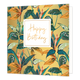 XL - Happy Birthday - Formaat: Groot - Vorm: Vierkant - Verjaardagskaart - Op deze wenskaart staan bloemen in de kleuren groen, blauw, oranje en goud, op een gouden achtergrond. In het midden zit een wit blok met de gouden tekst: "Happy Birthday". - Snelwenskaart