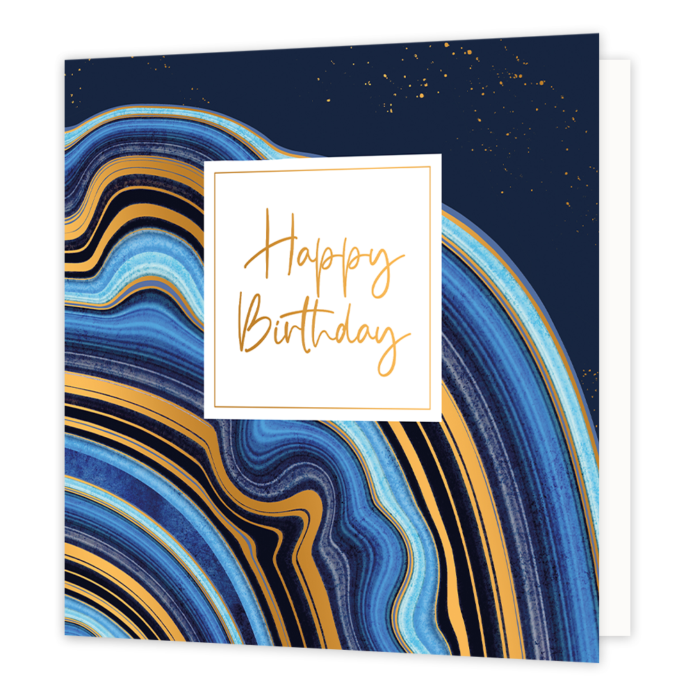 XL - Happy Birthday - Formaat: Groot - Vorm: Vierkant - Verjaardagskaart - Op deze artistieke wenskaart is een ontwerp te zien met kronkelende lijnen in diverse kleuren blauw en goud. In het midden zit een wit blok met de gouden tekst: "Happy birthday". - Snelwenskaart