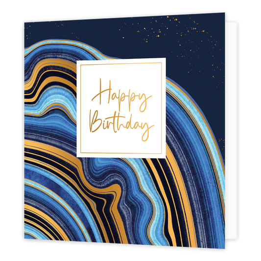 XL - Happy Birthday - Formaat: Groot - Vorm: Vierkant - Verjaardagskaart - Op deze artistieke wenskaart is een ontwerp te zien met kronkelende lijnen in diverse kleuren blauw en goud. In het midden zit een wit blok met de gouden tekst: "Happy birthday". - Snelwenskaart