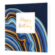 XL - Happy Birthday - Formaat: Groot - Vorm: Vierkant - Verjaardagskaart - Op deze artistieke wenskaart is een ontwerp te zien met kronkelende lijnen in diverse kleuren blauw en goud. In het midden zit een wit blok met de gouden tekst: "Happy birthday". - Snelwenskaart