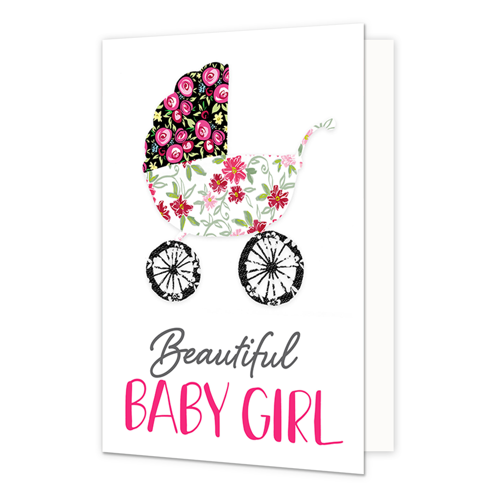 Beautiful baby girl - Formaat: Normaal - Vorm: Staand - Geboortekaart - Op deze wenskaart staat een witte achtergrond met in het midden een illustratie van een kinderwagen. De kinderwagen is opgebouwd uit verschillende bloemenpatronen: de kap heeft roze rozen op een zwarte ondergrond, terwijl de bak is versierd met roze en rode bloemen op een witte ondergrond met groene blaadjes. De wielen zijn zwart-wit gestreept en hebben een getekende uitstraling. Onder de kinderwagen staat de tekst "Beautiful BABY GIRL