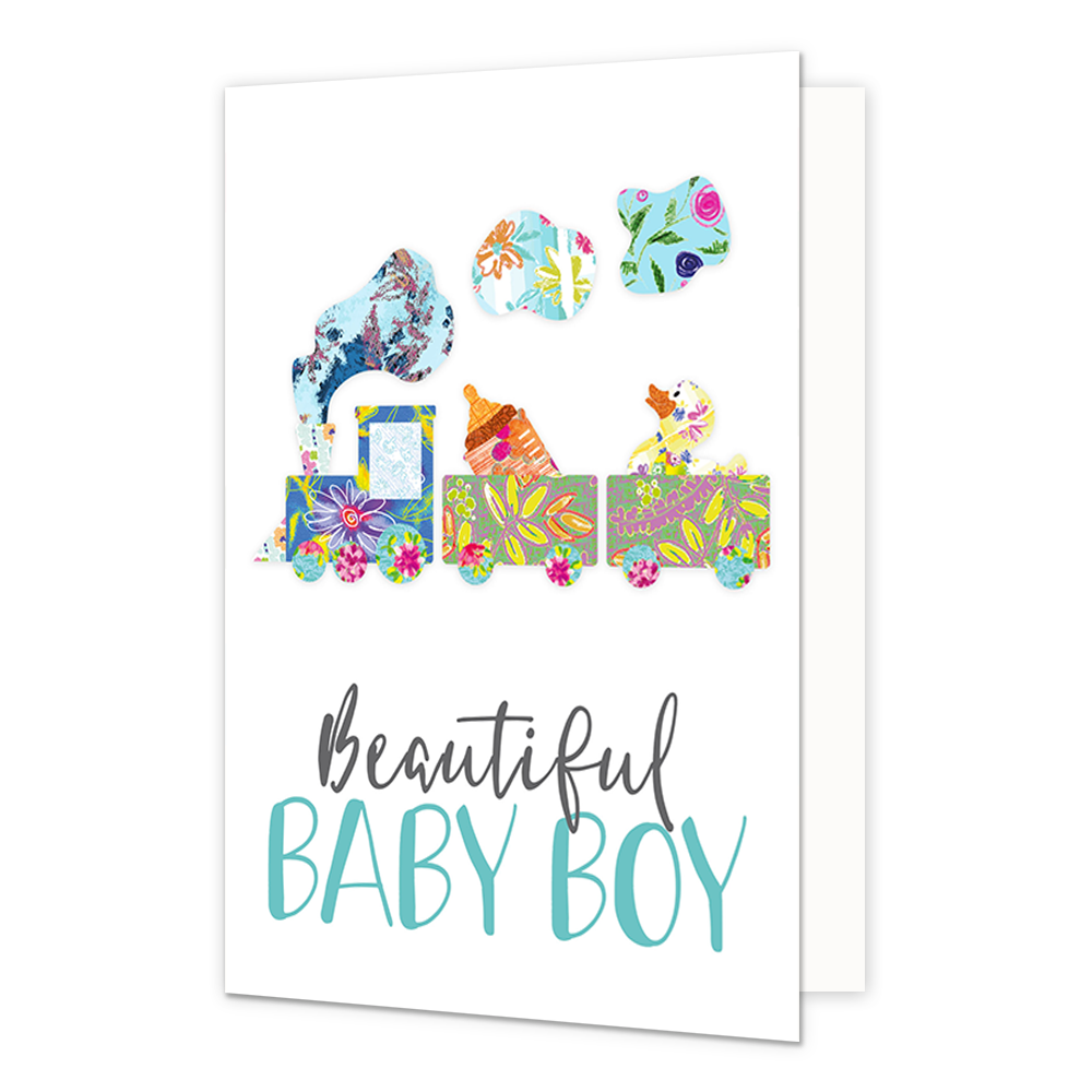 Beautiful baby boy - Formaat: Standaard - Vorm: Staand - Geboortekaart - Op deze wenskaart staat een witte achtergrond met in het midden een kleurrijke illustratie van een treintje. Het treintje bestaat uit een locomotief en twee wagons, die allemaal zijn ingevuld met verschillende vrolijke bloemen- en bladpatronen in kleuren als blauw, groen, geel en roze. In de wagons zitten een babyflesje en een badeendje, ook uitgevoerd in kleurrijke patronen. Uit de schoorsteen van de locomotief komen wolkjes stoom di