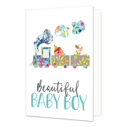 Beautiful baby boy - Formaat: Standaard - Vorm: Staand - Geboortekaart - Op deze wenskaart staat een witte achtergrond met in het midden een kleurrijke illustratie van een treintje. Het treintje bestaat uit een locomotief en twee wagons, die allemaal zijn ingevuld met verschillende vrolijke bloemen- en bladpatronen in kleuren als blauw, groen, geel en roze. In de wagons zitten een babyflesje en een badeendje, ook uitgevoerd in kleurrijke patronen. Uit de schoorsteen van de locomotief komen wolkjes stoom di