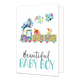 Beautiful baby boy - Formaat: Standaard - Vorm: Staand - Geboortekaart - Op deze wenskaart staat een witte achtergrond met in het midden een kleurrijke illustratie van een treintje. Het treintje bestaat uit een locomotief en twee wagons, die allemaal zijn ingevuld met verschillende vrolijke bloemen- en bladpatronen in kleuren als blauw, groen, geel en roze. In de wagons zitten een babyflesje en een badeendje, ook uitgevoerd in kleurrijke patronen. Uit de schoorsteen van de locomotief komen wolkjes stoom di