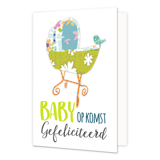 Baby op komst - Formaat: Normaal - Vorm: Staand - Geboortekaart - Op deze wenskaart staat een babywiegje met daaronder de tekst: "Baby op komst gefeliciteerd". - Snelwenskaart