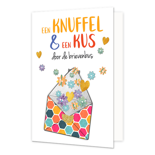 Een knuffel & een kus - Formaat: Normaal - Vorm: Staand - Vriendschapskaart - Op deze wenskaart staat een envelop waar bloemen en hartjes uit komen. Daarboven staat de tekst: "Een knuffel & een kus door de brievenbus". - Snelwenskaart