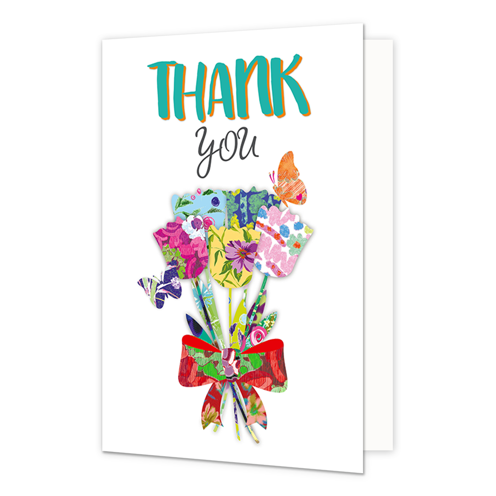 Thank you - Formaat: Normaal - Vorm: Staand - Bedankkaart - Op deze wenskaart staat een boeket bloemen met daarboven de tekst: "Thank you". - Snelwenskaart