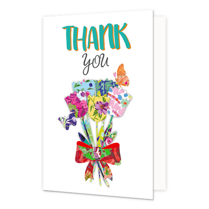 Thank you - Formaat: Normaal - Vorm: Staand - Bedankkaart - Op deze wenskaart staat een boeket bloemen met daarboven de tekst: "Thank you". - Snelwenskaart