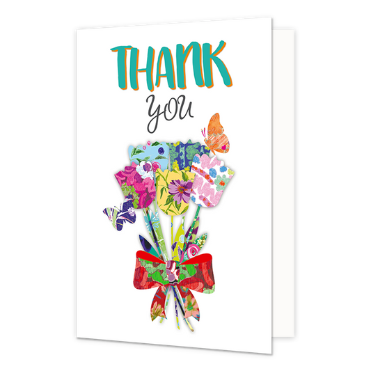 Thank you - Formaat: Normaal - Vorm: Staand - Bedankkaart - Op deze wenskaart staat een boeket bloemen met daarboven de tekst: "Thank you". - Snelwenskaart