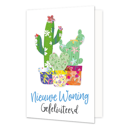 Nieuwe woning - Formaat: Normaal - Vorm: Staand - Woningkaart - Op deze wenskaart staan drie cactussen in vasen met daaronder de tekst: "Nieuwe woning gefeliciteerd". - Snelwenskaart