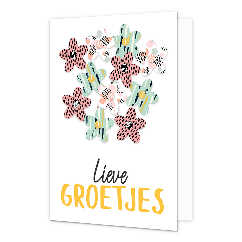 Lieve groetjes - Formaat: Standaard - Vorm: Staand - Denken aan kaart - Op deze wenskaart staan bloemen in diverse kleuren met daaronder de tekst: "Lieve groetjes". - Snelwenskaart