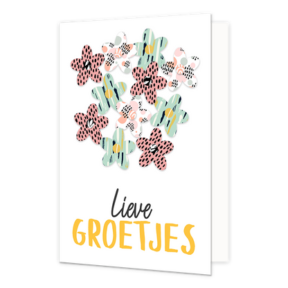 Lieve groetjes - Formaat: Standaard - Vorm: Staand - Denken aan kaart - Op deze wenskaart staan bloemen in diverse kleuren met daaronder de tekst: "Lieve groetjes". - Snelwenskaart