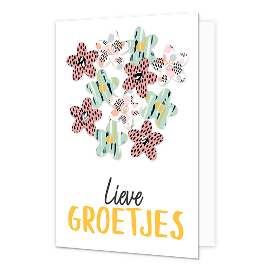 Lieve groetjes - Formaat: Normaal - Vorm: Staand - Denken aan kaart - Op deze wenskaart staan bloemen in diverse kleuren met daaronder de tekst: "Lieve groetjes". - Snelwenskaart