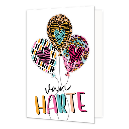 Van harte - Formaat: Standaard - Vorm: Staand - Felicitatiekaart - Op deze wenskaart staan drie ballonnen met daaronder de tekst: "Van harte". - Snelwenskaart