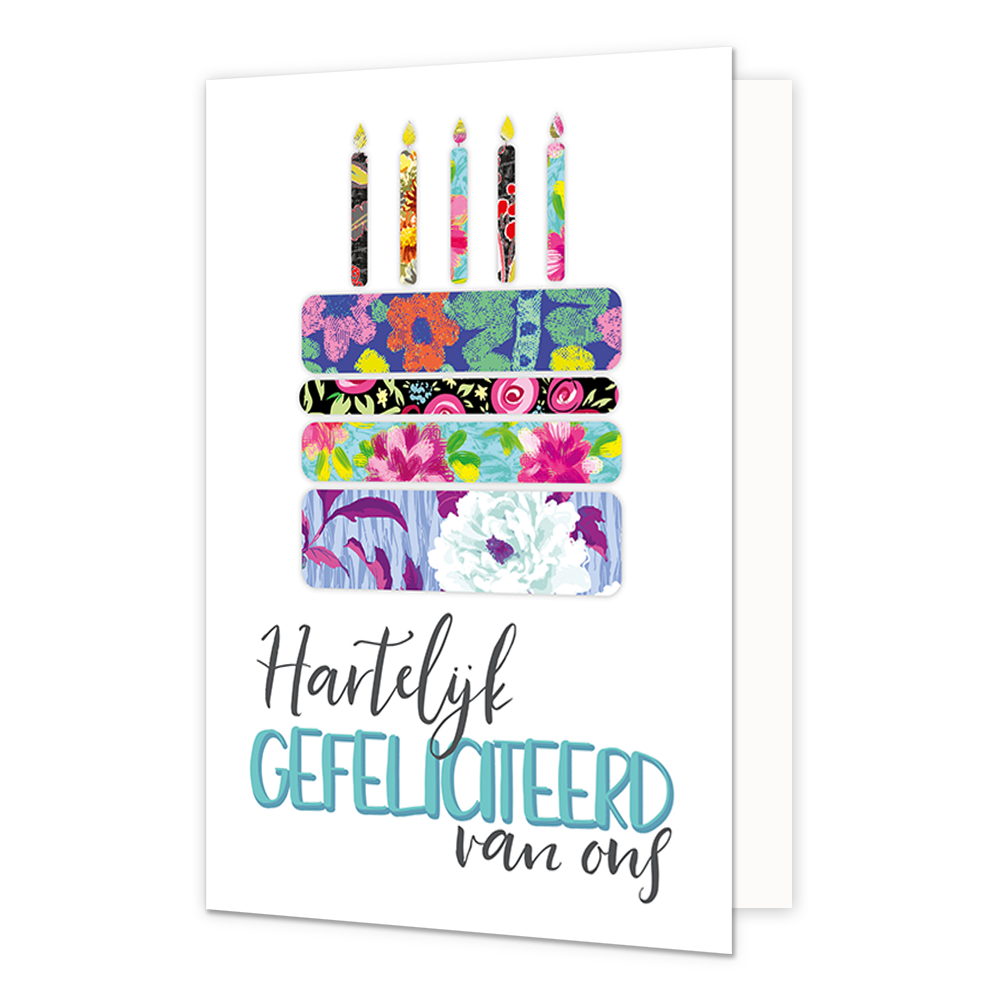 Hartelijk gefeliciteerd van ons - Formaat: Normaal - Vorm: Staand - Felicitatiekaart - Op deze wenskaart staat een witte achtergrond met in het midden een kleurrijke illustratie van een verjaardagstaart. De taart is opgebouwd uit vier horizontale lagen, elk gevuld met een ander levendig bloemenpatroon in kleuren zoals roze, paars, blauw en wit. Bovenop de taart staan vijf brandende kaarsjes, die ook elk een uniek patroon en kleur hebben. Onder de taart staat de tekst "Hartelijk GEFELICITEERD van ons". De w