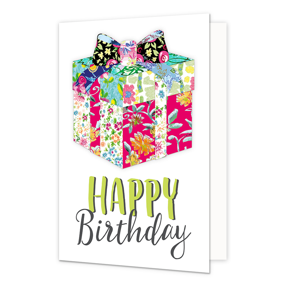 Happy birthday - Formaat: Normaal - Vorm: Staand - Verjaardagskaart - Op deze wenskaart staat een witte achtergrond met in het midden een kleurrijke illustratie van een ingepakt cadeau. Het cadeau en de grote strik bovenop zijn samengesteld uit verschillende vrolijke bloemen- en bladpatronen in felle kleuren zoals roze, blauw, groen en geel. Onder het cadeau staat de tekst "HAPPY Birthday". Het woord "HAPPY" is uitgevoerd in gifgroene blokletters met een zwart schaduweffect, en "Birthday" staat daaronder i