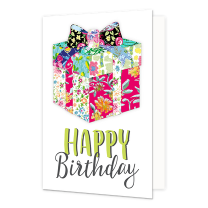 Happy birthday - Formaat: Normaal - Vorm: Staand - Verjaardagskaart - Op deze wenskaart staat een witte achtergrond met in het midden een kleurrijke illustratie van een ingepakt cadeau. Het cadeau en de grote strik bovenop zijn samengesteld uit verschillende vrolijke bloemen- en bladpatronen in felle kleuren zoals roze, blauw, groen en geel. Onder het cadeau staat de tekst "HAPPY Birthday". Het woord "HAPPY" is uitgevoerd in gifgroene blokletters met een zwart schaduweffect, en "Birthday" staat daaronder i