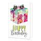 Happy birthday - Formaat: Standaard - Vorm: Staand - Verjaardagskaart - Op deze wenskaart staat een witte achtergrond met in het midden een kleurrijke illustratie van een ingepakt cadeau. Het cadeau en de grote strik bovenop zijn samengesteld uit verschillende vrolijke bloemen- en bladpatronen in felle kleuren zoals roze, blauw, groen en geel. Onder het cadeau staat de tekst "HAPPY Birthday". Het woord "HAPPY" is uitgevoerd in gifgroene blokletters met een zwart schaduweffect, en "Birthday" staat daaronder