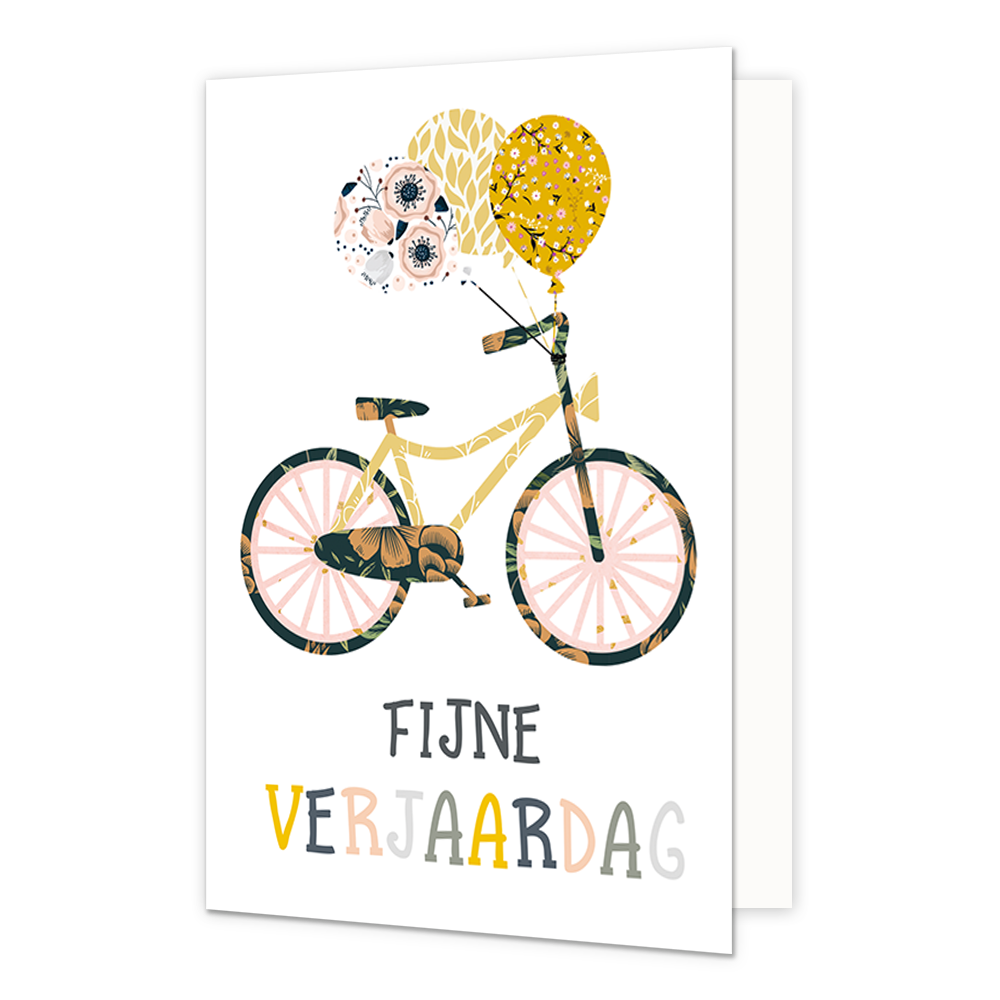 Fijne verjaardag - Formaat: Normaal - Vorm: Staand - Verjaardagskaart - Op deze wenskaart staat een fiets met ballonnen en daaronder de tekst: "Fijne verjaardag". - Snelwenskaart