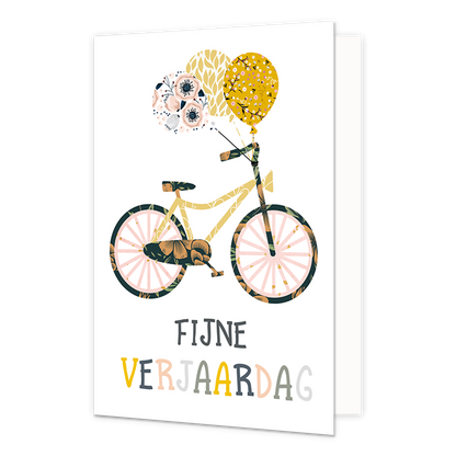 Fijne verjaardag - Formaat: Normaal - Vorm: Staand - Verjaardagskaart - Op deze wenskaart staat een fiets met ballonnen en daaronder de tekst: "Fijne verjaardag". - Snelwenskaart
