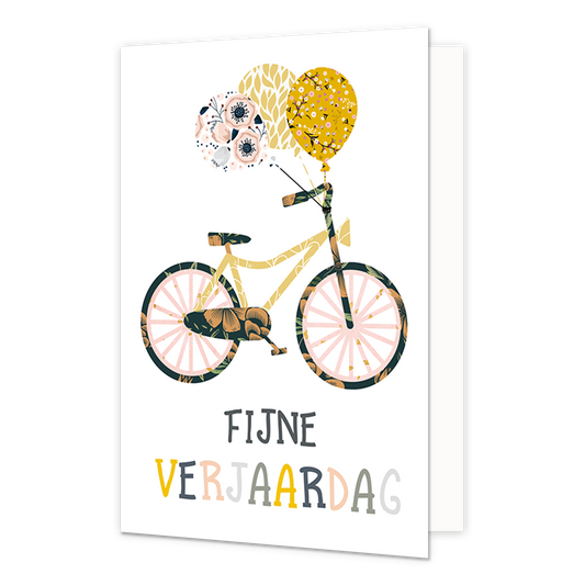 Fijne verjaardag - Formaat: Normaal - Vorm: Staand - Verjaardagskaart - Op deze wenskaart staat een fiets met ballonnen en daaronder de tekst: "Fijne verjaardag". - Snelwenskaart