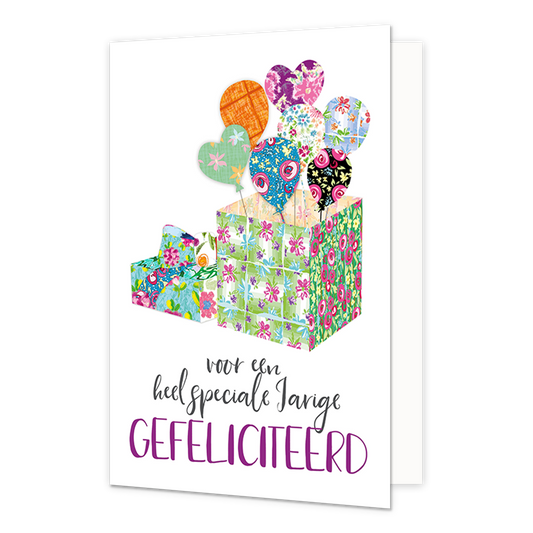 Voor een heel speciale jarige - Formaat: Normaal - Vorm: Staand - Verjaardagskaart - Op deze wenskaart staat een cadeau waar ballonnen uit komen en daaronder de tekst: "Voor een heel speciale jarige gefeliciteerd". - Snelwenskaart