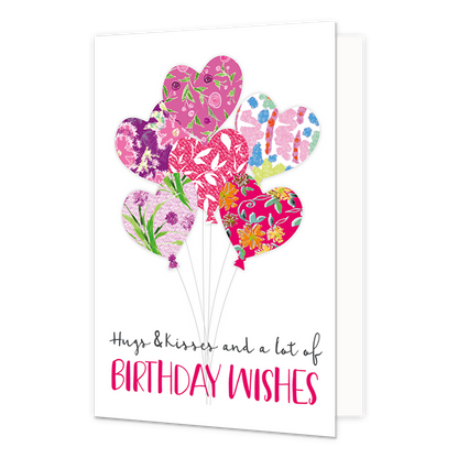 Hugs & kisses - Formaat: Normaal - Vorm: Staand - Verjaardagskaart - Op deze wenskaart staan hartjesballonnen met daaronder de tekst: "Hugs & kisses and a lot of birthday wishes". - Snelwenskaart