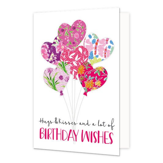 Hugs & kisses - Formaat: Normaal - Vorm: Staand - Verjaardagskaart - Op deze wenskaart staan hartjesballonnen met daaronder de tekst: "Hugs & kisses and a lot of birthday wishes". - Snelwenskaart