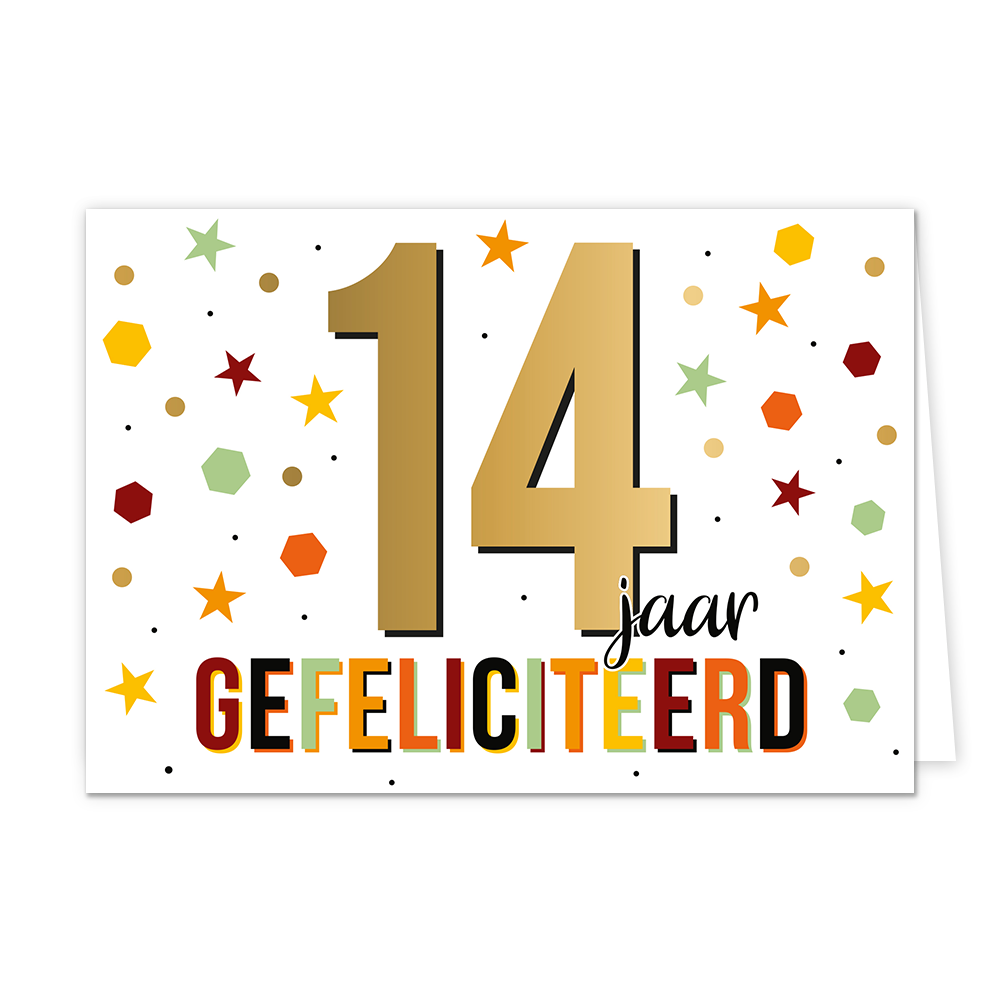 14 jaar gefeliciteerd - Formaat: Normaal - Vorm: Liggend - Felicitatiekaart - Op deze wenskaart staat de tekst: "14 jaar gefeliciteerd". - Snelwenskaart