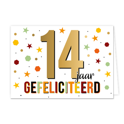 14 jaar gefeliciteerd - Formaat: Normaal - Vorm: Liggend - Felicitatiekaart - Op deze wenskaart staat de tekst: "14 jaar gefeliciteerd". - Snelwenskaart
