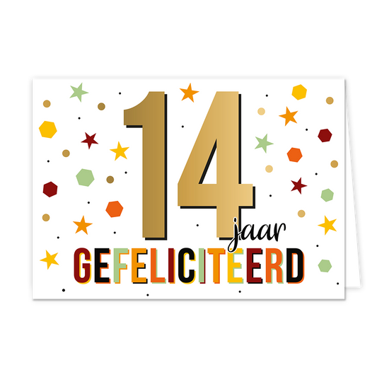14 jaar gefeliciteerd - Formaat: Normaal - Vorm: Liggend - Felicitatiekaart - Op deze wenskaart staat de tekst: "14 jaar gefeliciteerd". - Snelwenskaart