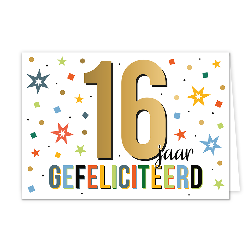 16 jaar gefeliciteerd - Formaat: Normaal - Vorm: Liggend - Felicitatiekaart - Op deze wenskaart staat de tekst: "16 jaar gefeliciteerd". - Snelwenskaart