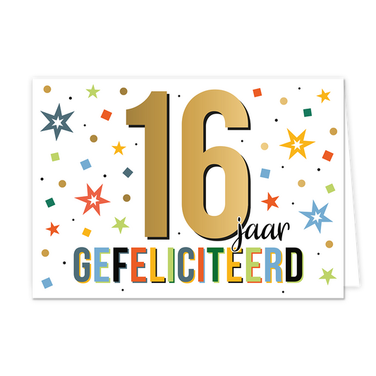16 jaar gefeliciteerd - Formaat: Normaal - Vorm: Liggend - Felicitatiekaart - Op deze wenskaart staat de tekst: "16 jaar gefeliciteerd". - Snelwenskaart